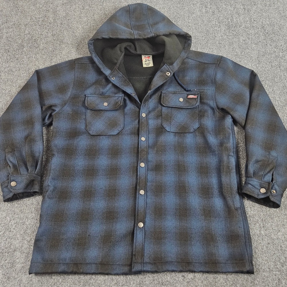 Dickies Hooded Flannel Shirt Jacket Mens L Blue Black Plaid Lined‎ Workwear